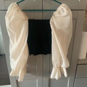 Zara Black and cream long puff sleeve crop blouse